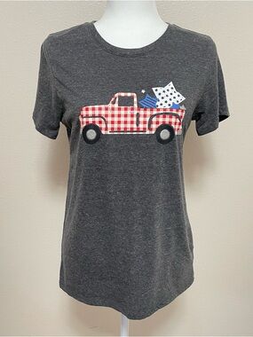 Celebrate Patriotic T-Shirt Heather Grey  Truck Gingham Stars USA America 1776